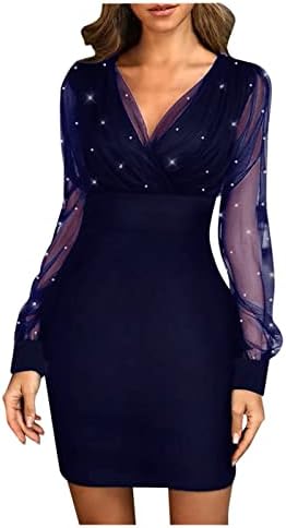 Vestido de manga longa da lanterna feminina V vestido de cocktail de malha de malha de pescoço