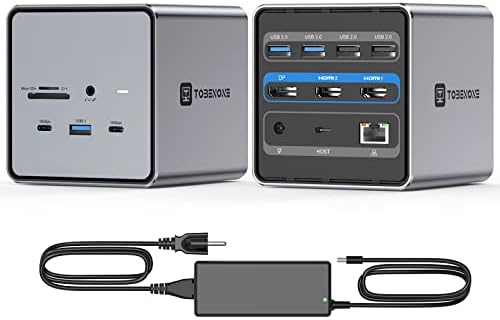 Tobenone USB C Docking Station Dual Monitor, USB C Dock com adaptador de energia de 150W, carregamento de 15w por