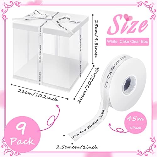 9 PCs Bolo branco Grande Pet Clear Caixa com fita e tampa pré -dobrada, 10 x 10 x 9 polegadas de altura, caixas de presente transparentes