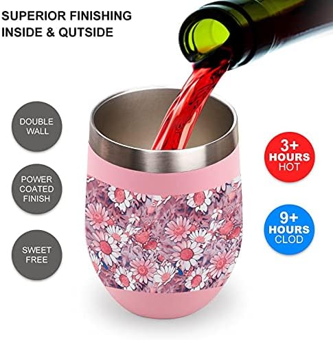 Flores de margarida rosa 12 onças de vinho com caneca de caneca em aço inoxidável de aço inoxidável bebendo xícara de viagem com tampa