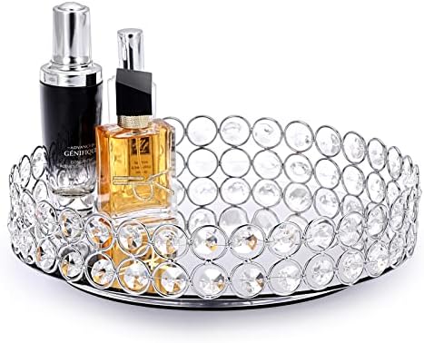 Bandeja de vaidade de cristal de Hipiwe, 360 graus de maquiagem rotativa bandeja de armazenamento prateado de armazenamento prateado para mesa de café de banheiro banheiro bandeja de espelho decorativo para jóias, perfume