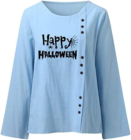 BEUU Business Casual Imprimir camisetas camisas de Halloween para mulheres Manga longa o Pescoço Tops de linho de algodão Bloods