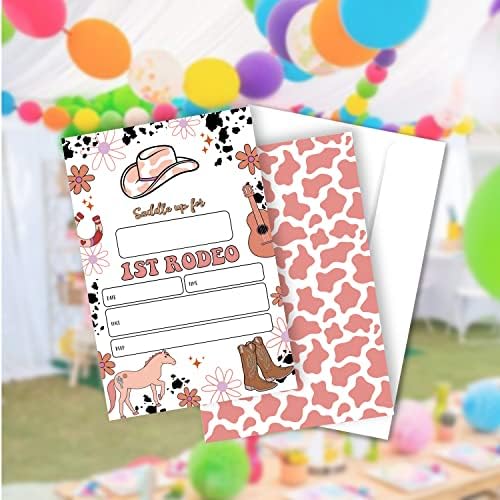 20 sets Cowgirl 1st Rodeo Birthday Party Party Invitations com envelopes, Saddle Western Cowgirl Up Doubil-silated Print Birthday Party Convide Cards Convites para meninos adolescentes, meu 1º Rodeo Aniversário convites