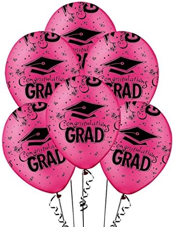 Balões de graduação PMU 11 polegadas de 11 polegadas Premium rosa quente com impressão completa Caps-Confetti e streamers PKG/12