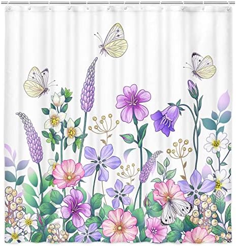 Jipusai Rustic White Daisy e Butterfly Chuser Curtain Conjuntos para banheiro, cortina de banheira de portas marrom vintage ocidental, cortina de decoração floral cinza do verão de primavera com ganchos 70x72 em