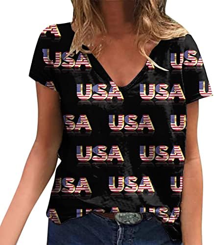 4 de julho Camisas para mulheres de verão Casual American Tshirt Manga curta V estrelas do pescoço listras tampe tampela blusa