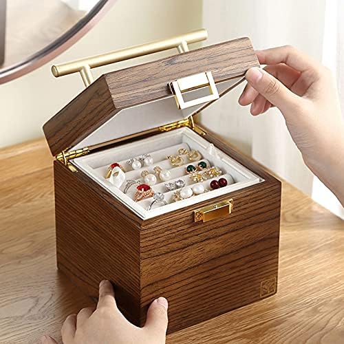 Caixa de armazenamento de jóias Caixa de jóias de madeira sólida para mulheres de jóias Armoire Ring Belacel Gift Storage Box Travel Organizer com espelho, Walnut Wood Color Jewelry Display Stand