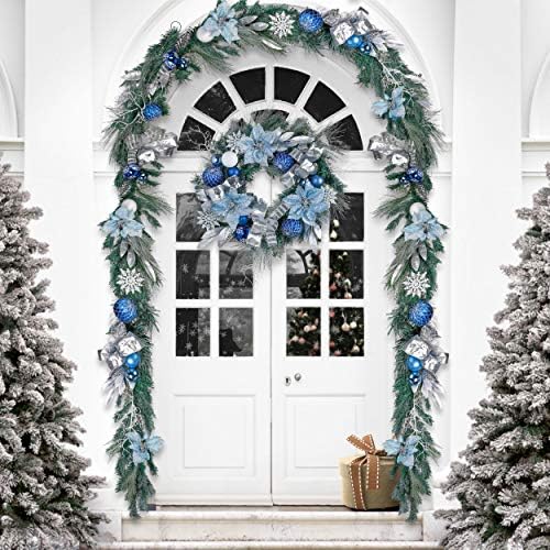 Valery Madelyn pré-iluminada 24 polegadas de inverno deseja uma grinalda de natal azul azul prateada para a porta da frente com ornamentos de bola, bateria operada com 20 luzes LED, decoração de férias para lareira decoração de natal