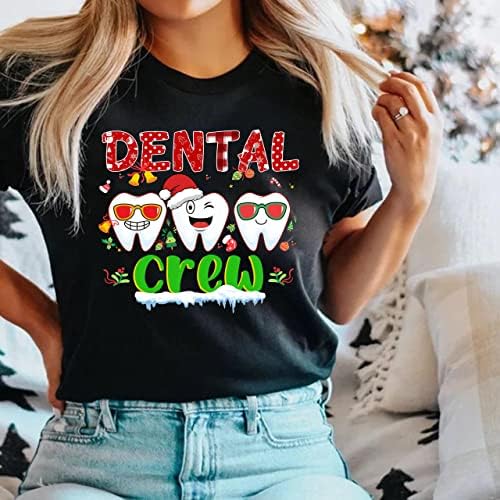 Camisa da tripulação dentária, camisa de natal de dentes, camisa de Natal do dentista, camiseta de esquadrão odontológico, assistente dental presente peql l preto/branco