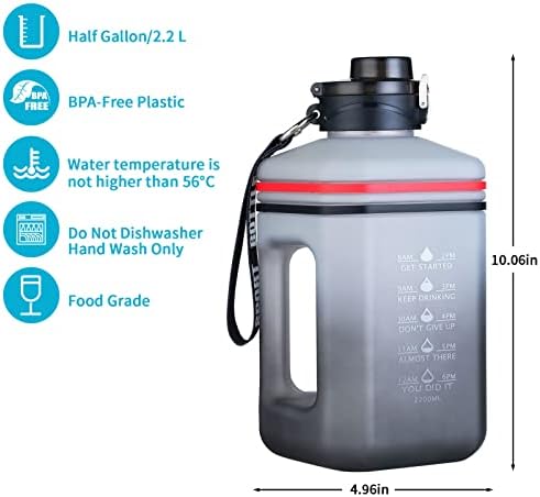 Hapaisday Half Galon/2,2 l Garrafas de água grandes com marcador de tempo, boca larga BPA e DEHP Livre, jarro de água à prova de vazamentos para acampamento de acampamento de ginástica de ginástica