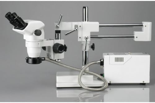 Microscópio de zoom estéreo binocular profissional zm-4bny, EW10x focando oculares, ampliação de 6.7x-90x, objetivo do zoom de 0,67x-4,5x, iluminação ambiente, suporte de lança de braço duplo, inclui lente de barlo de 2,0x de 2.0x