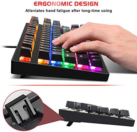 Teclado mecânico 87 teclas Small Compact Compact Multicolour LED Lit - teclado de jogos USB com fio com interruptores azuis,