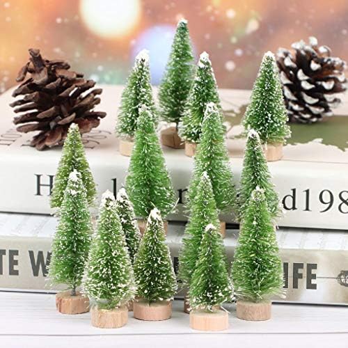 Ioffersuper 12pcs Mini árvores de sisal com madeira Base de madeira pinheiros artificiais Brilho das árvores de garrafa para cenas em miniatura de neve de inverno