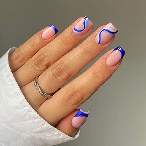 Pressione as unhas curtas, Kxamelie Square Acrylic Nails Pressione com redemoinho azul, vara nas unhas para mulheres,