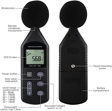 SDFGH Digital Ruído Medidor Testador de som 30 ~ 130DBA A/C Ferramenta de ponderação de frequência Medidor de volume pré-calibrado