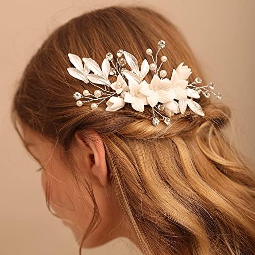 Jumwrit Pearl Bridal Hair Pente Branco Flor Branca Retor de Cabelo de Cabelo Para Noivas Capacete de Cristal de Cristal Cristal Acessórios para Cabelo para Crianças Para Damas de Brides