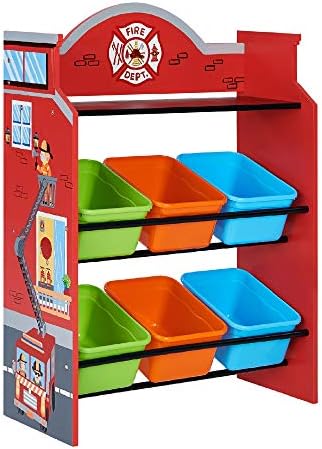 Campos de fantasia - Little Firefighters Wooden Toy Organizadores com 6 caixas de armazenamento removíveis, prateleira de armazenamento de brinquedos, vermelho