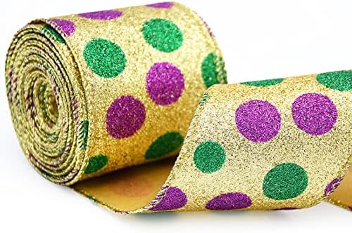 2,5 x 10 jardas Mardi Gras Ribbon Wired Edge - Purple Green Gold Gold Metallic Glitter Wired Ribbon para Mardi Gras Carnival Masquerade Party Decoration Diy Crafts Wrinal