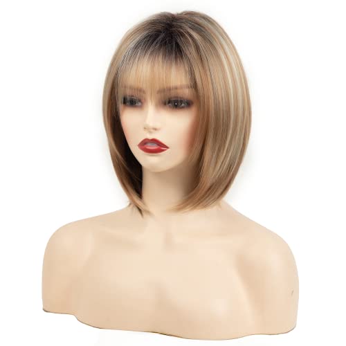 Rennershow Blonde Destaque Pixie Bob peruca com franja ombre direto peruca sintética com raízes escuras perucas loiras em camadas para mulheres