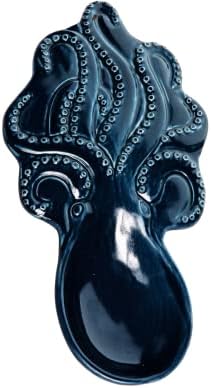Azul Octopus Kitchen Ceramic Spoon Rest - Suporte de utensílio 9 polegadas e colher de bambu sólida Conjunto para cozinha