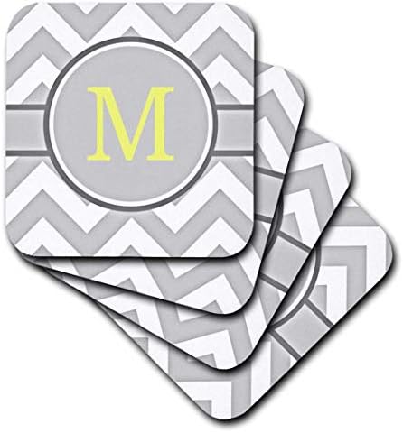 Chevron cinza e branco de 3drose com monograma amarelo M - montanhas -russas macias, conjunto de 4