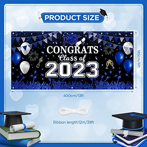 Grande 2023 de formatura por porta de garagem decoração azul preto parabéns pós -graduação capa de porta de pano de fundo de 2023 banner sinais de pátio suprimentos de graduação para a festa de formatura