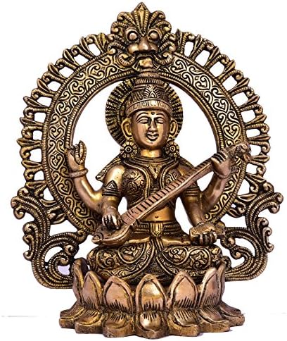 Bharat Haat Pure Brass Metal Saraswati sentado no Lotus BH05022