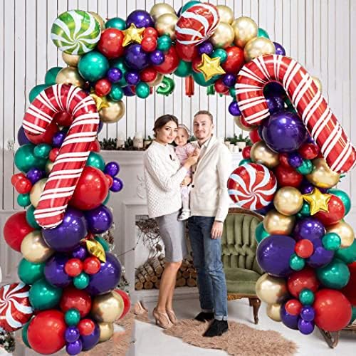 Balões de Natal Kit Arch Garland - 26 pés 156pcs Verde Balões de ouro roxo verde com balões de estrela de milho de vento para decorações de festas de natal para decorações de festas de natal