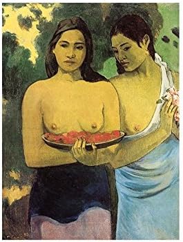 ALONLINE ART - Duas mulheres taitianas de Paul Gauguin | Imagem verde emoldurada impressa em tela algodão, anexada à placa