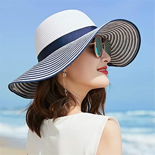 Wyfdp preto branco listrado bowknot verão chapéu de sol linda mulher palha chapéu de praia grande chapéu de aba