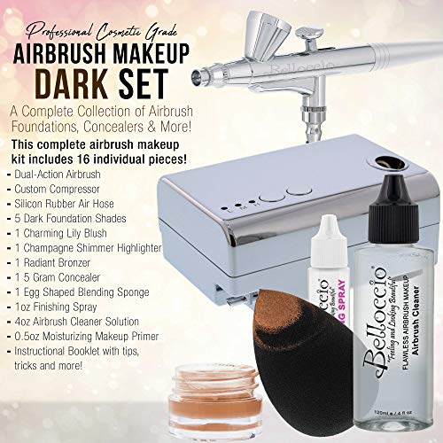 Belloccio Professional Beauty Airbrush Cosmetic System com 5 tons escuros de fundação em garrafas de 1/4 oz - o kit inclui blush, bronzer e marcadores
