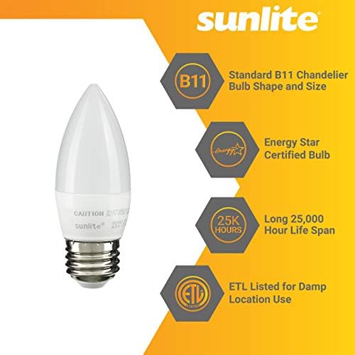 Sunlite 41380 -su LED Torpedo Tip B11 Lâmpada de lustre, 7 watts, 500 lúmens, base média, diminuição, estrela energética, 27k - branco quente, 6 pacote, geada