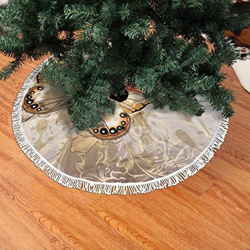 Floral com saia de árvore de Natal de borboleta, tapete de saia de Natal com borla para decoração de festa de casamento de férias