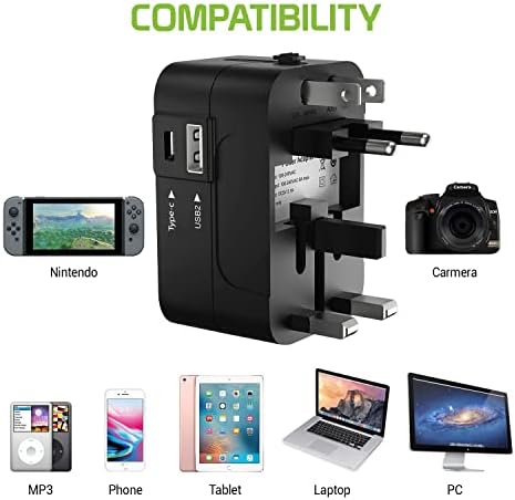 Viagem USB Plus International Power Adapter Compatível com Micromax Selfie 2 para poder mundial para 3 dispositivos USB TypeC, USB-A