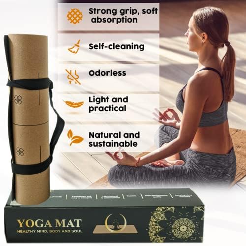 Cork Yoga Mat 5,5 mm de espessura de ioga quente pilates com alça de transporte e peso leve - para ioga quente e ioga externa ou interna - design de roda de chakra marrom com marcas de alinhamento linhas de arco de arco linhas de arco