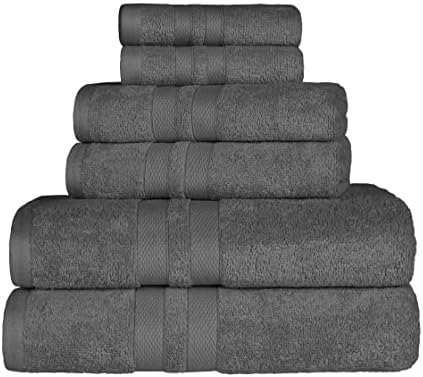 Conjunto de toalhas de algodão de 6 peças de 6 peças superiores, inclui 2 toalhas de banho, 2 toalhas de mão e 2 panos para o banheiro, quarto de hóspedes, seco rápido, use diariamente toalhas essenciais, carvão vegetal