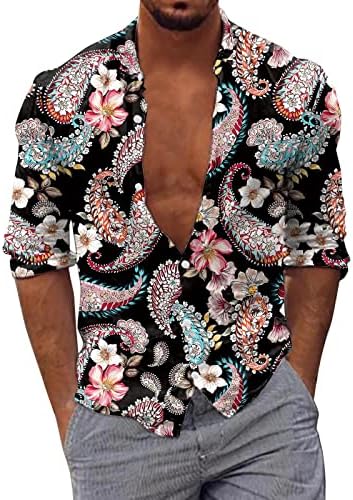 ZDDO Mens Hawaiian camisas de manga longa Paisley Boho Botão de impressão de camisa casual colarinho de lapela praia ALOHA Tops de