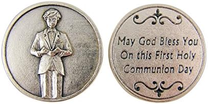Presentes da primeira comunhão para meninos, medalha de bolso em tons de prata com garoto de oração, 1 1/8 polegada
