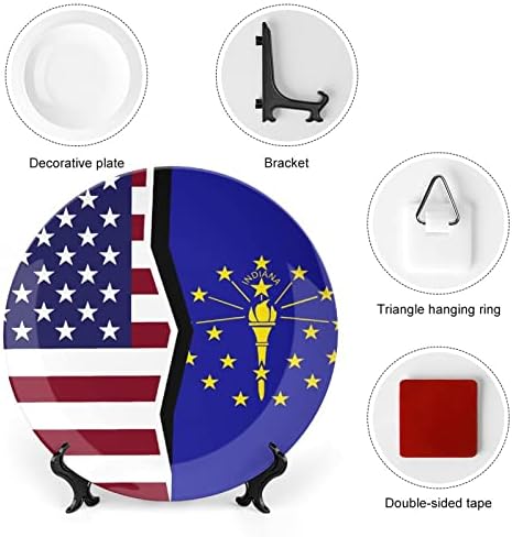 American e Indiana State Flag Vintage Design Bone China Decor Plate com Stand Round Decorative Plate Home Wobble-Plate