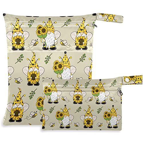 VISESUNNY Gnome Bee e Girassol 2pcs bolsa molhada com bolsos com zíper para bolsas de fraldas espaçosas reutilizáveis ​​para viajar,