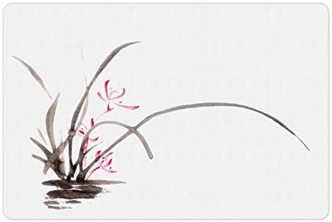 Ambsosonne Art Pet tapete Para comida e água, o desenho tradicional de flores de flores de tinta Oriental Chinesa Efeitos aquarela temática, tapete de borracha sem deslizamento para cães e gatos, 18 x 12, marrom e rosa