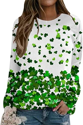 Yming Womens St. Patricks Day Shamrock camisas de manga comprida trevo impresso Jumper irlandês Round Discon Slochy Tops