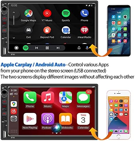 Double Din Car Stéreo Apple CarPlay e Android Auto, Radio de tela sensível ao toque de 7 polegadas com câmera de backup Bluetooth 5.0
