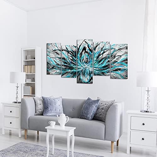 LEVVARts Teal e cinza abstrato de lona Arte de parede Arte turquesa azul lótus pintura de flores impressões de arte para