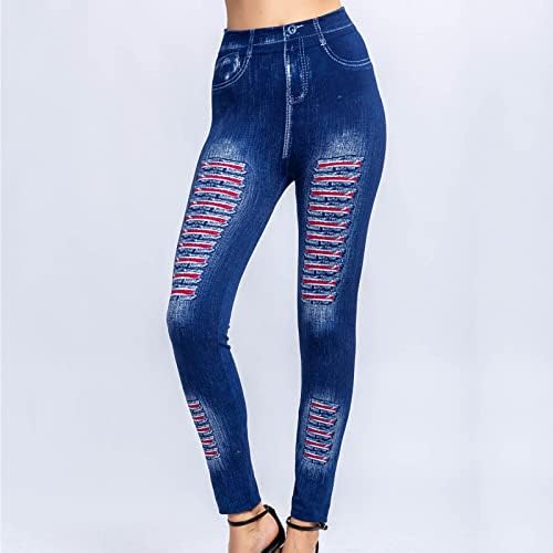 Ozmmyan leggings para mulheres listras imita imitação de jeans de jeans elástico slim fit jean hip em calças