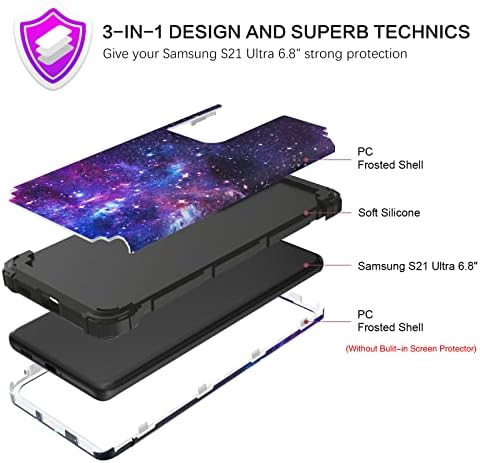 Bentoben Compatível com Samsung S21 Ultra Caso, 3 em 1 híbrido Hard PC Rubrote macio de borracha pesada Tampa de telefone à prova de choque para samsung Galaxy S21 Ultra 6.8 , roxo