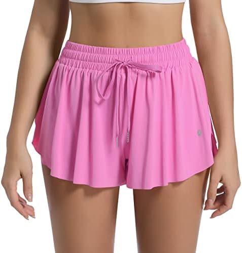 Mulheres 2 em 1 Flowy Butterfly Shorts com spandex por baixo e bolso para treino atlético