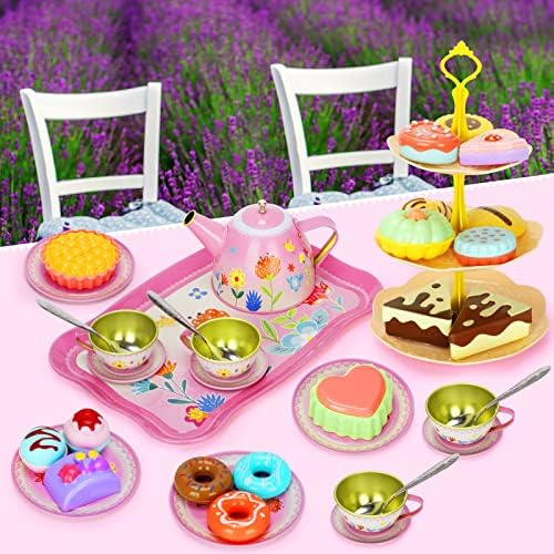 Presente de Kmuysl Girls para 3 anos 4 5 6 anos, criança Toys Tea Party Set para meninas, 43 pacote Kids Kitchen Fingle Toy com conjunto de chá de lata, sobremesas e estojo de transporte