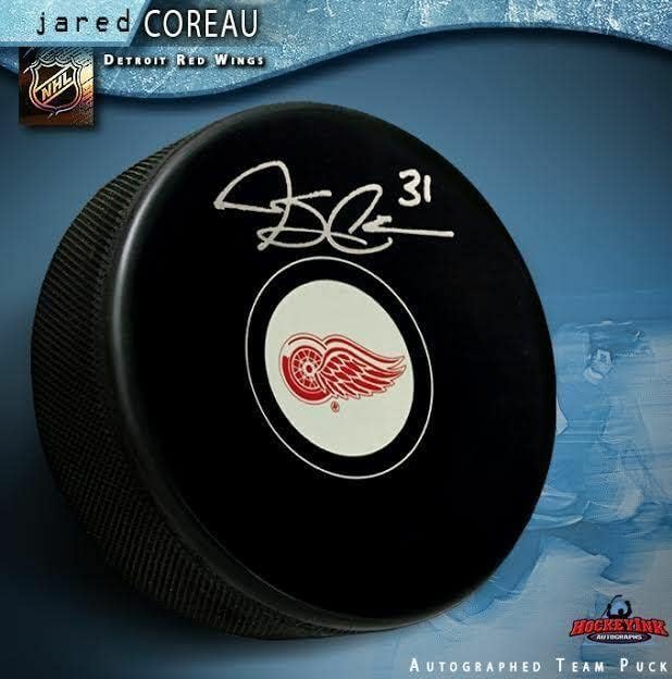 Jared Coreau assinou Detroit Red Wings Puck - Pucks autografados da NHL