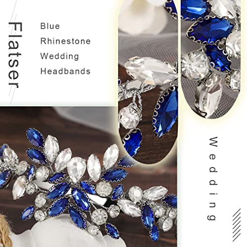Flatser Blue Rhinestone Wedding Head Bands Silver Crystal Bride Headpieces